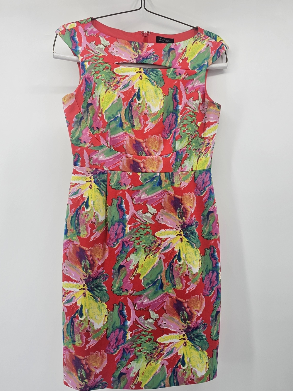 Tahari ASL Red Floral Midi Sheath Dress Size 6